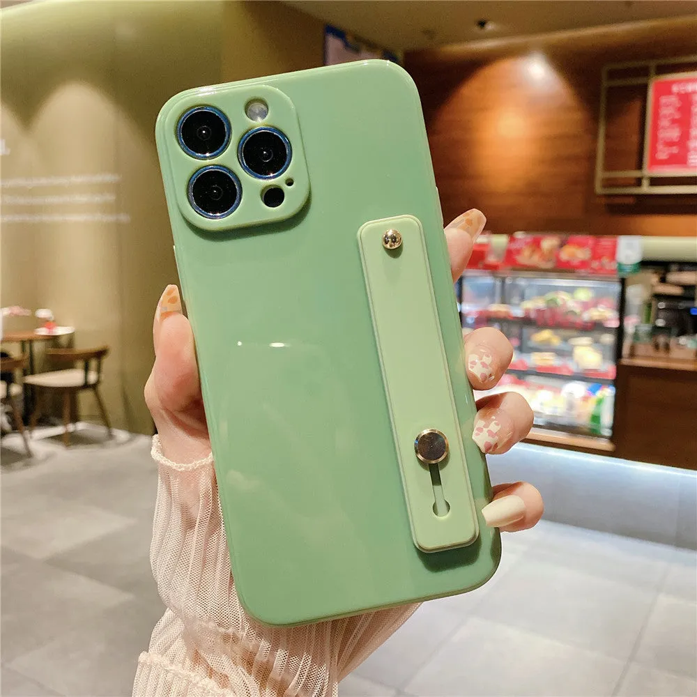 Anymob iPhone Case Mint Green Solid Color Lens Protection Wrist Strap Stand Silicone Bumper Cover