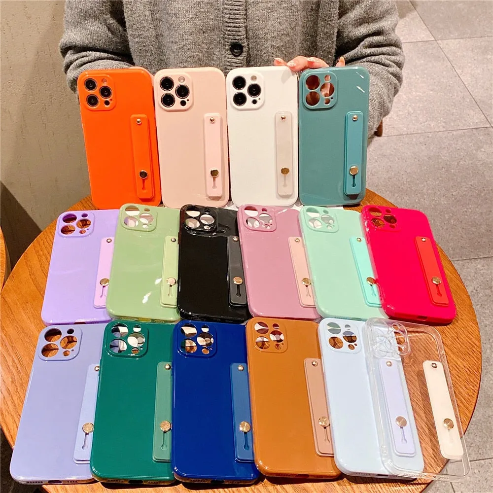 Anymob iPhone Case Mint Green Solid Color Lens Protection Wrist Strap Stand Silicone Bumper Cover