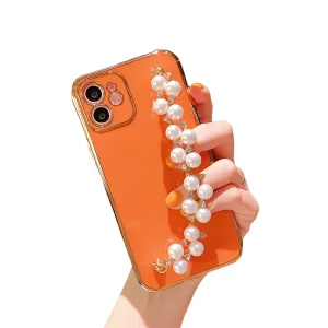 Anymob iPhone Case Orange Plating Pearl Chain Wrist Band Soft Silicone Cover