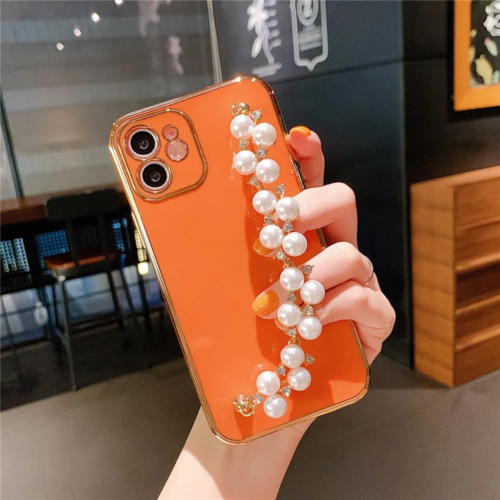 Anymob iPhone Case Orange Plating Pearl Chain Wrist Band Soft Silicone Cover