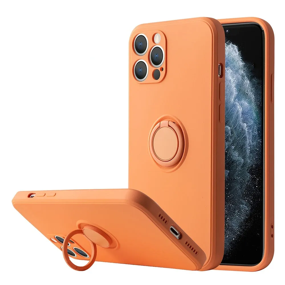 Anymob iPhone Case Orange Soft Liquid Silicon Ring Holder Shockproof Candy Back Cover