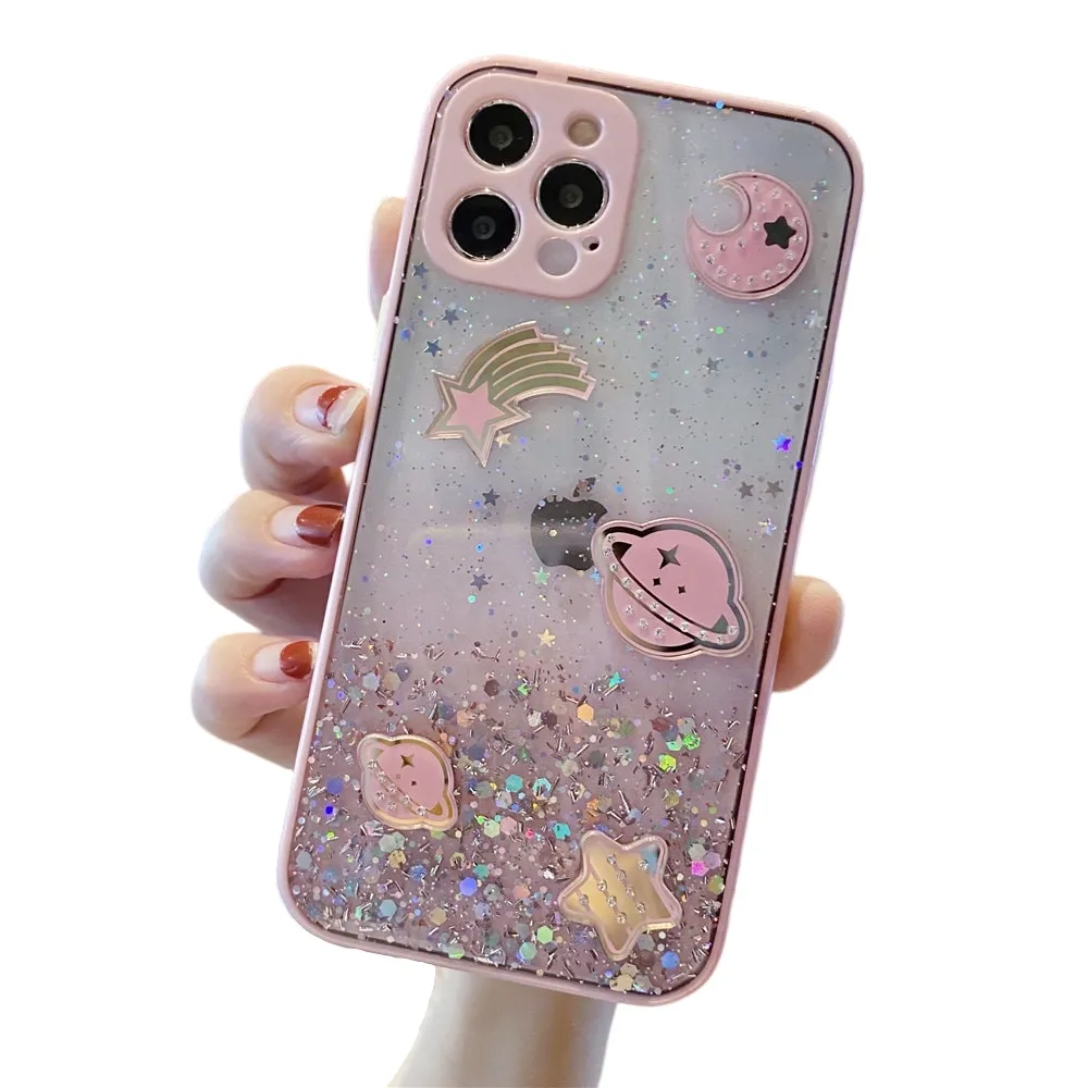 Anymob iPhone Case Pink Cartoon Planet Glitter Soft Silicon Cover