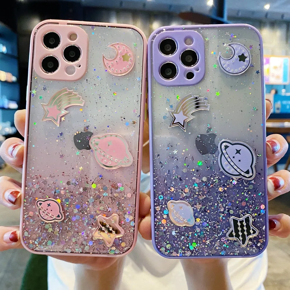 Anymob iPhone Case Pink Cartoon Planet Glitter Soft Silicon Cover