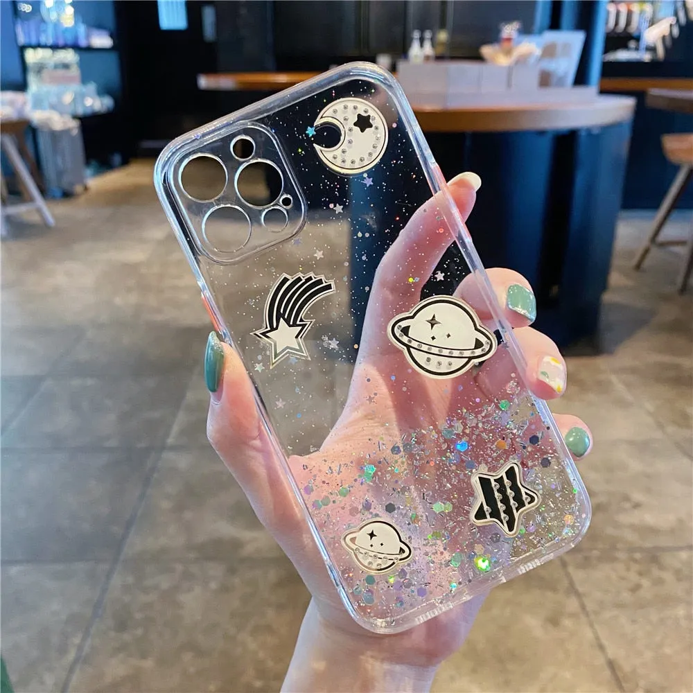 Anymob iPhone Case Pink Cartoon Planet Glitter Soft Silicon Cover
