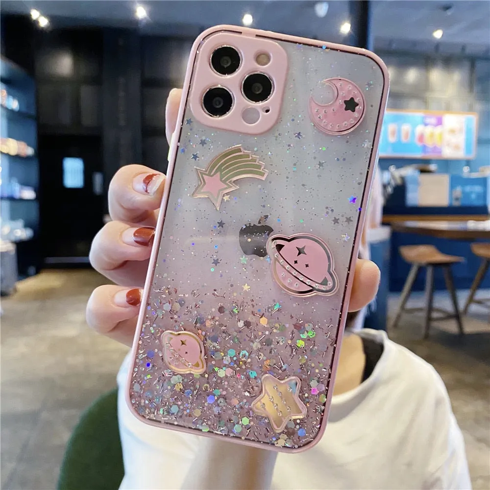 Anymob iPhone Case Pink Cartoon Planet Glitter Soft Silicon Cover
