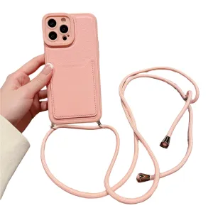Anymob iPhone Case Pink Crossbody Necklace Strap Lanyard Cord Card Holder Silicone Cover