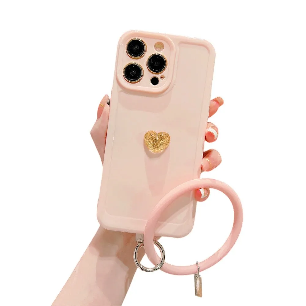 Anymob iPhone Case Pink Cute 3D Love Heart with Anti-lost Chain Bracelet Soft Protective Cover