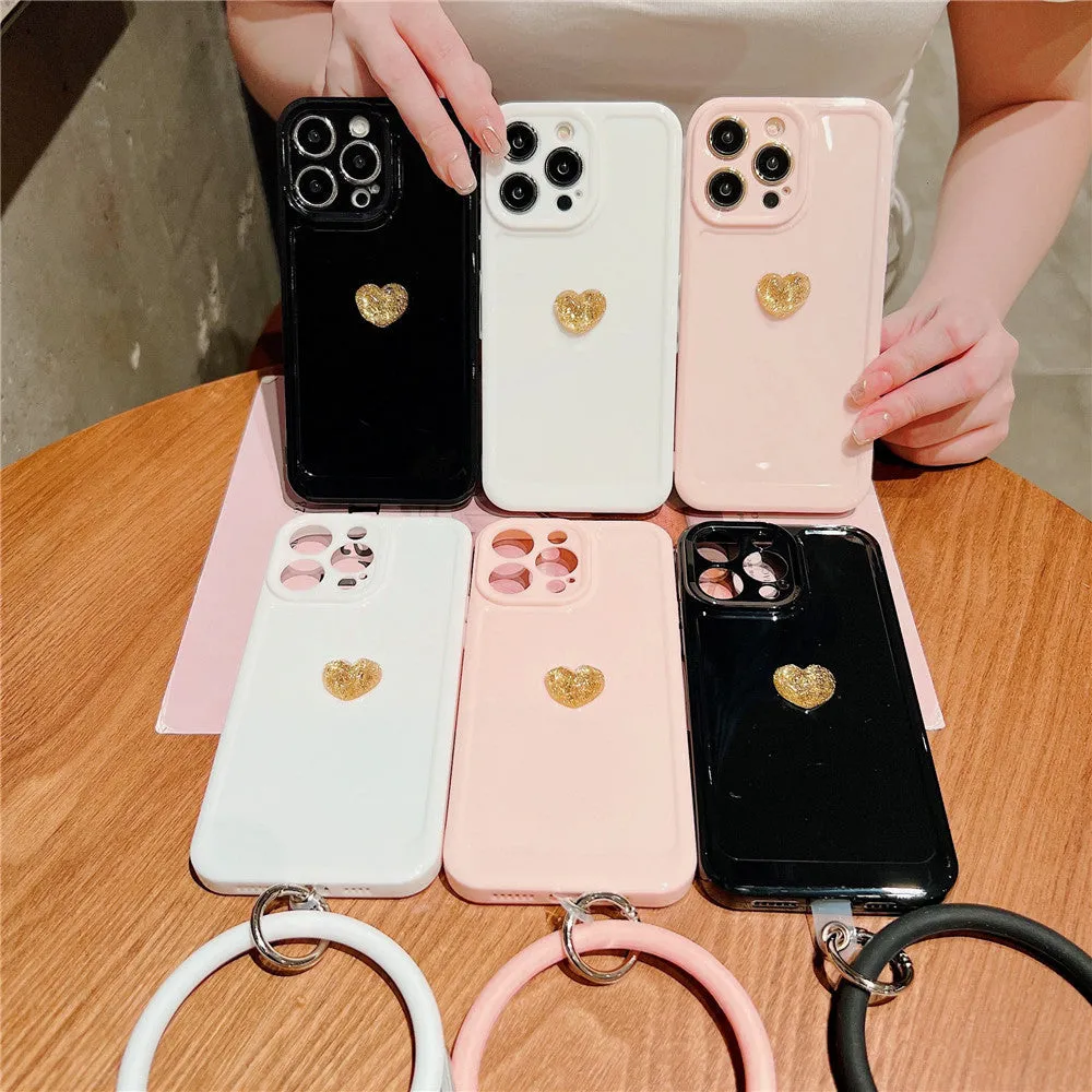 Anymob iPhone Case Pink Cute 3D Love Heart with Anti-lost Chain Bracelet Soft Protective Cover