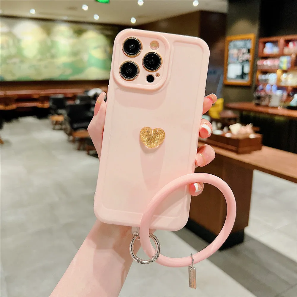 Anymob iPhone Case Pink Cute 3D Love Heart with Anti-lost Chain Bracelet Soft Protective Cover