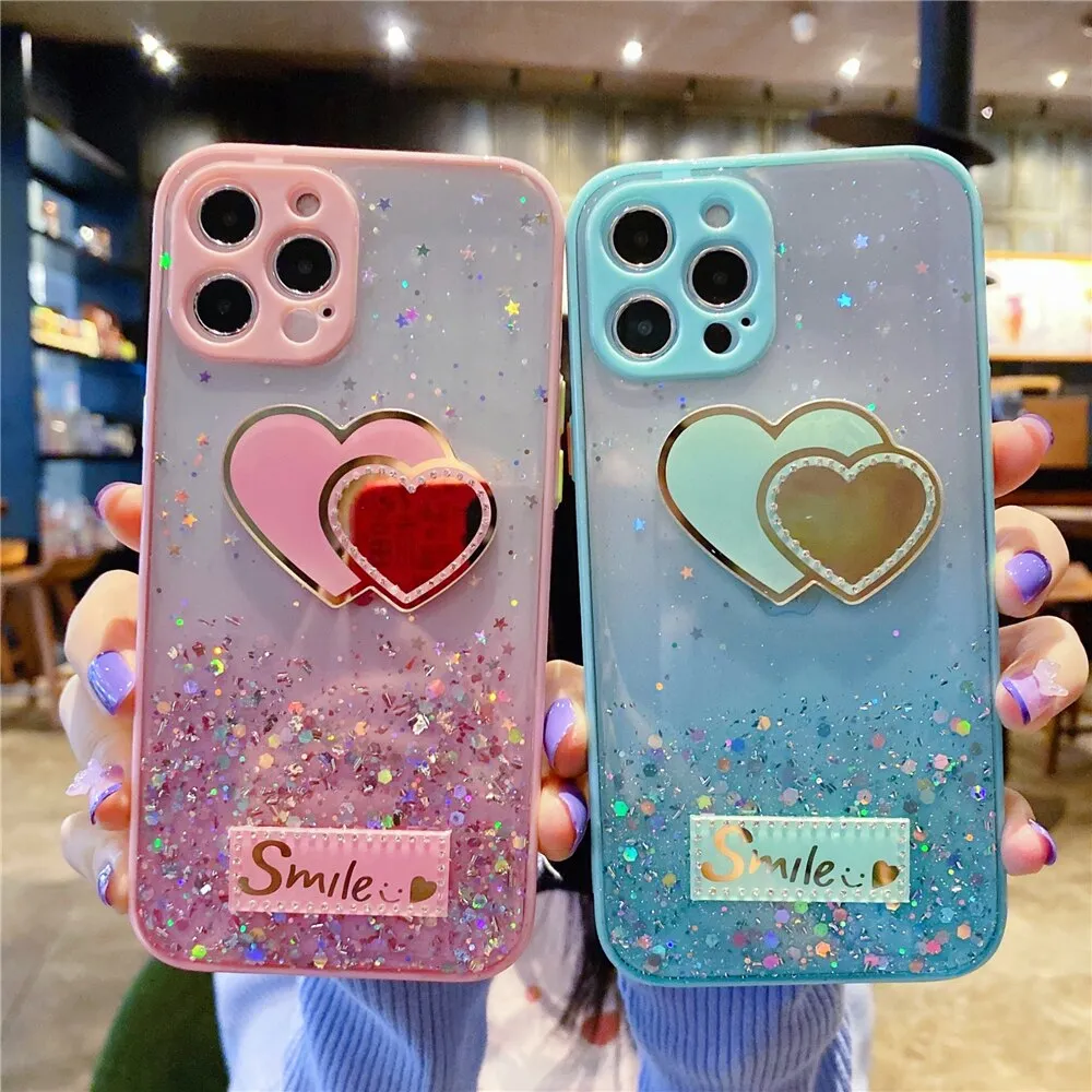 Anymob iPhone Case Pink Gradient Glitter Epoxy Phone Soft Silicone Clear Cover