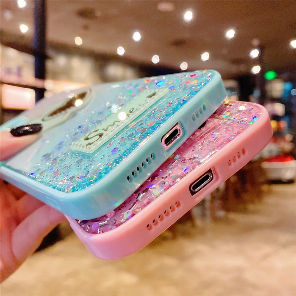 Anymob iPhone Case Pink Gradient Glitter Epoxy Phone Soft Silicone Clear Cover