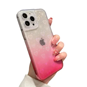 Anymob iPhone Case Pink Gradient Reflective Holographic Love Heart Diamond Camera Soft Cover