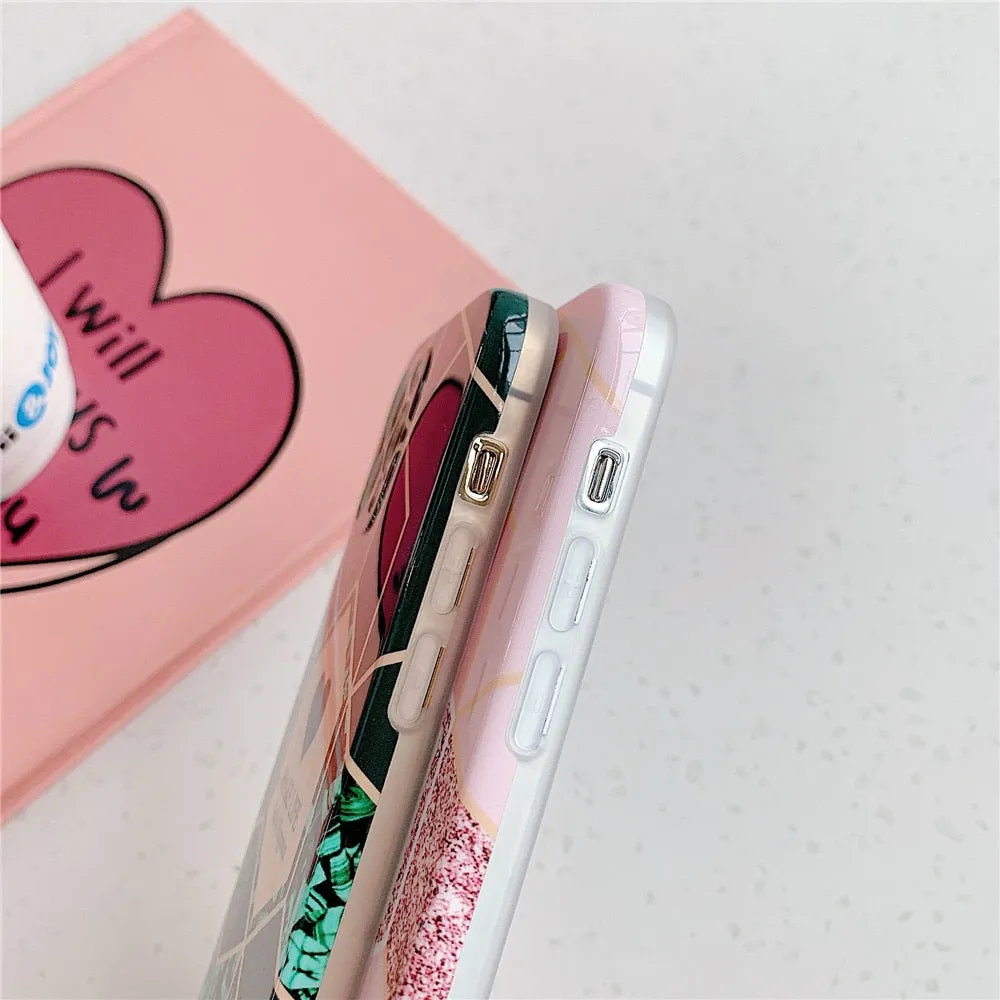 Anymob iPhone Case Pink Love Heart Geometric Marble Shockproof Soft Silicone Cover