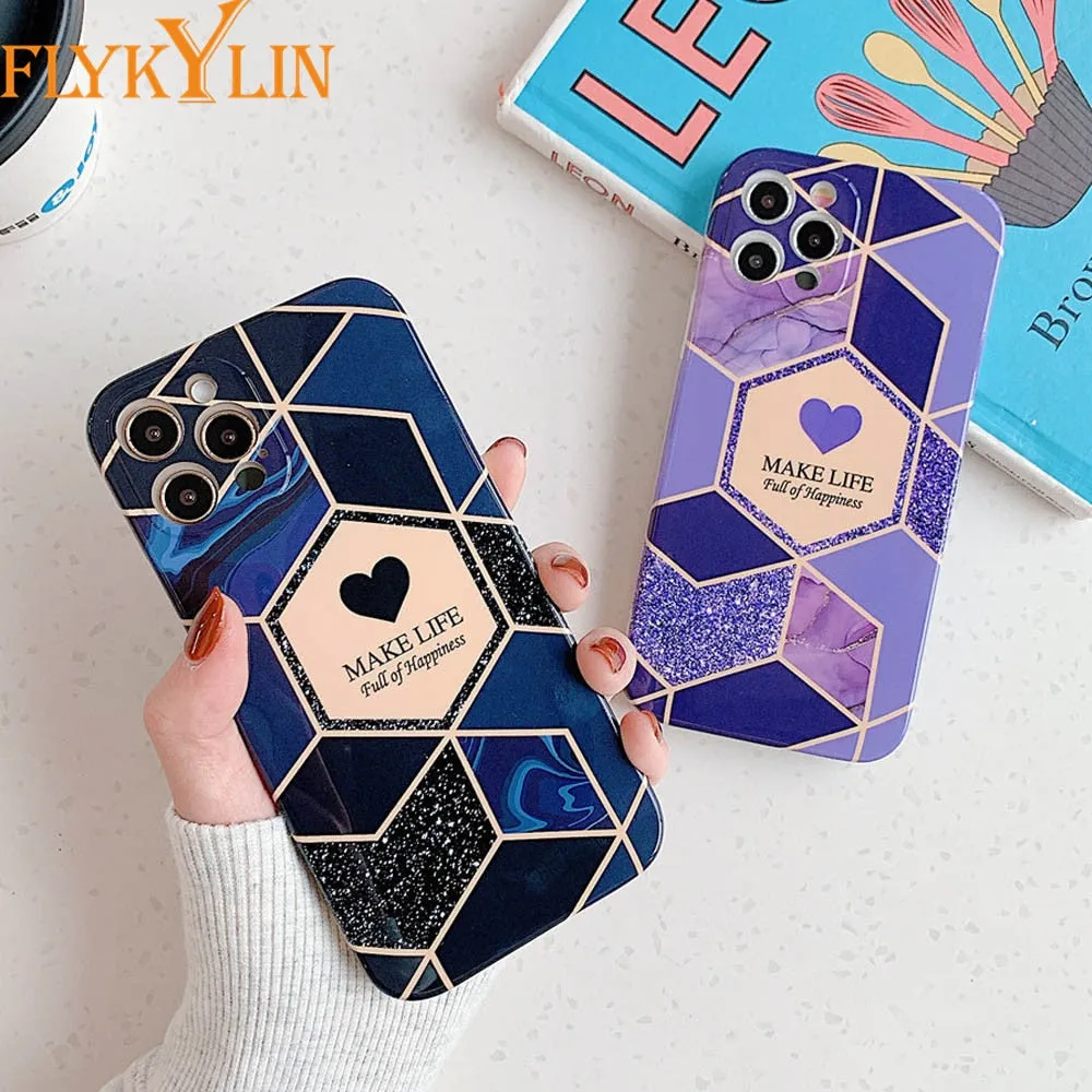 Anymob iPhone Case Pink Love Heart Geometric Marble Shockproof Soft Silicone Cover