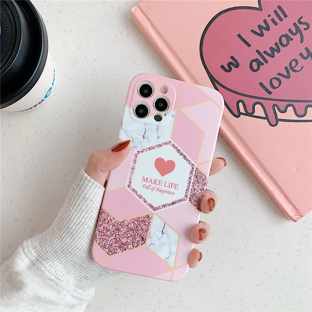 Anymob iPhone Case Pink Love Heart Geometric Marble Shockproof Soft Silicone Cover