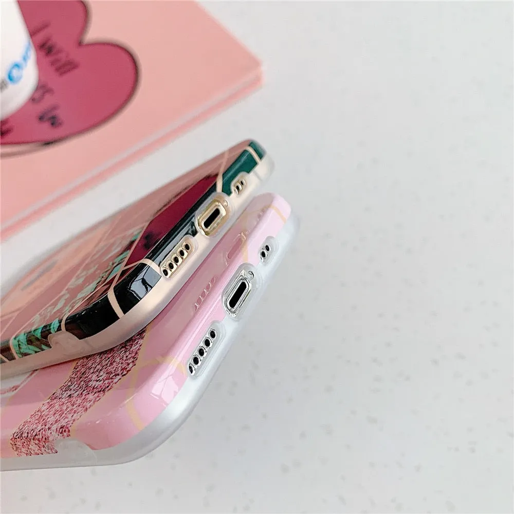 Anymob iPhone Case Pink Love Heart Geometric Marble Shockproof Soft Silicone Cover