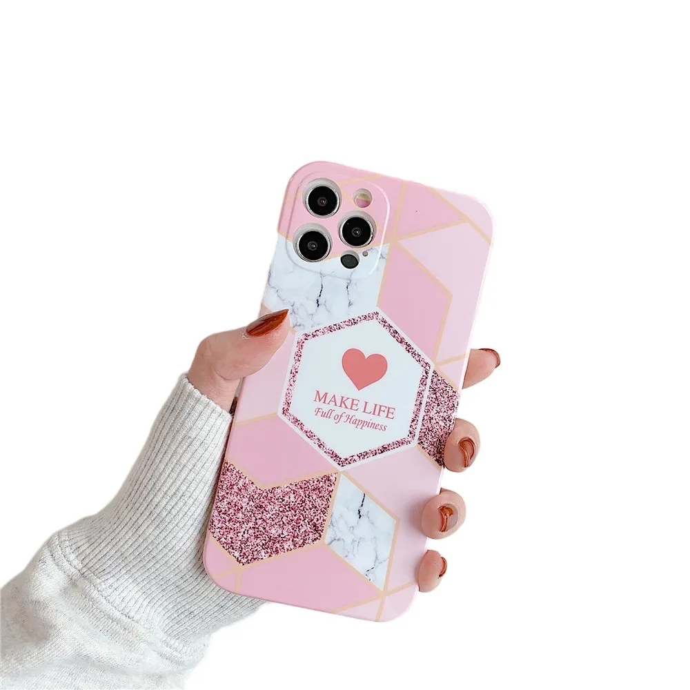 Anymob iPhone Case Pink Love Heart Geometric Marble Shockproof Soft Silicone Cover