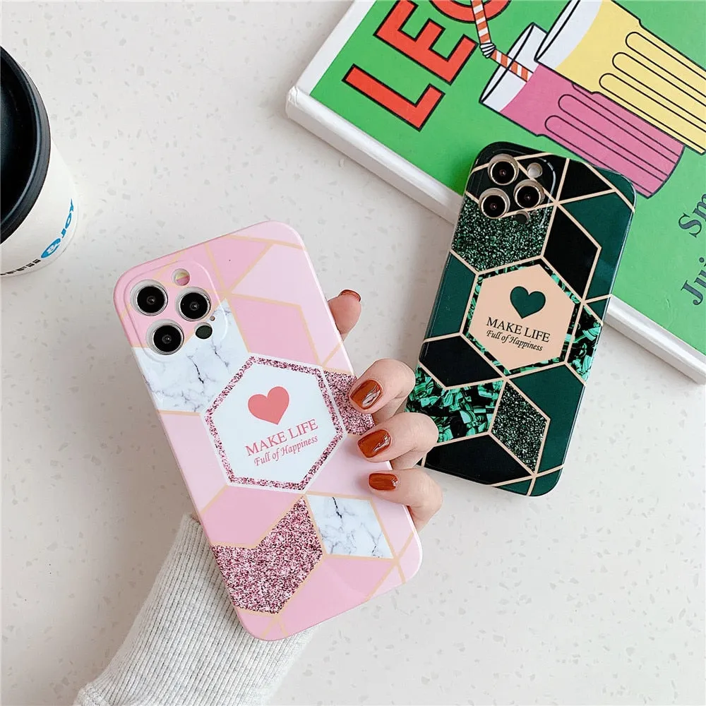 Anymob iPhone Case Pink Love Heart Geometric Marble Shockproof Soft Silicone Cover