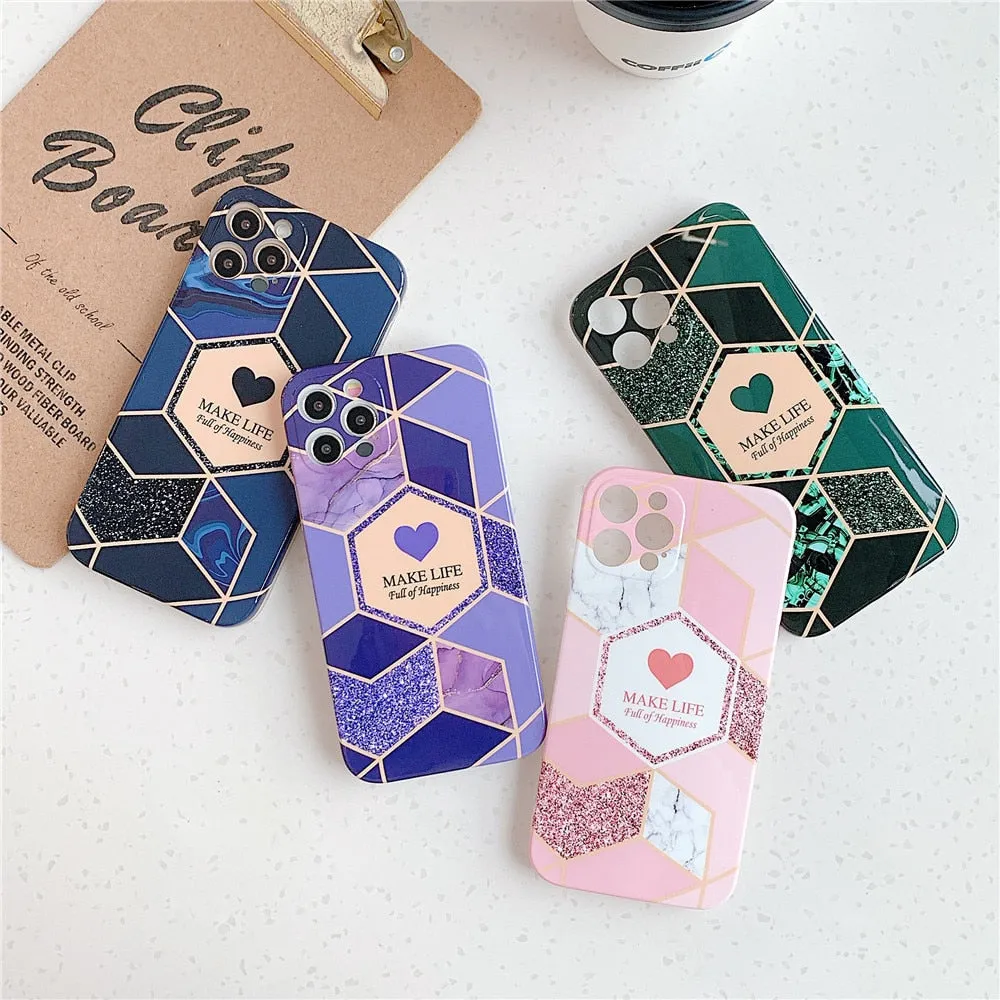 Anymob iPhone Case Pink Love Heart Geometric Marble Shockproof Soft Silicone Cover