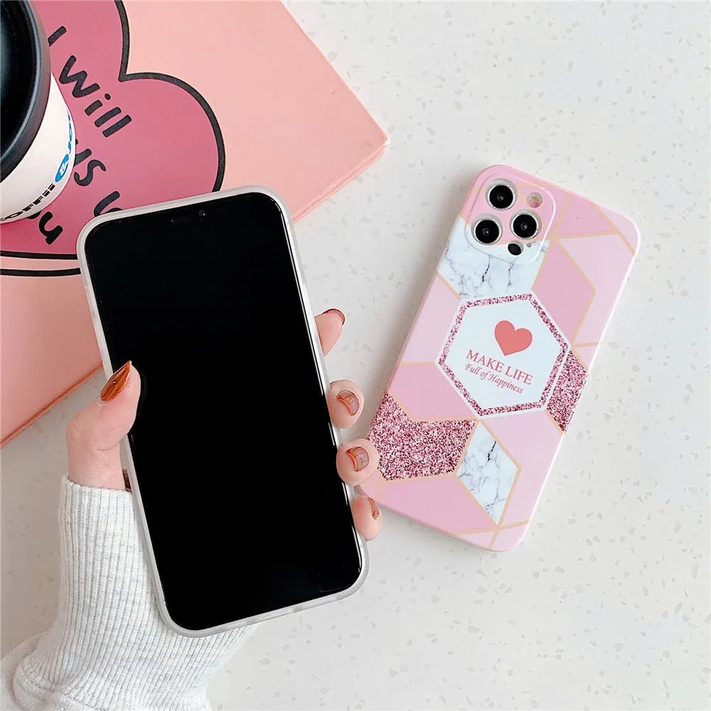 Anymob iPhone Case Pink Love Heart Geometric Marble Shockproof Soft Silicone Cover