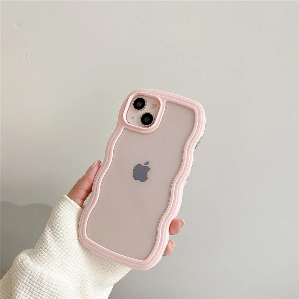 Anymob iPhone Case Pink Macaron Color Wavy Frame Crystal Clear Shockproof Soft Back Cover Bumper