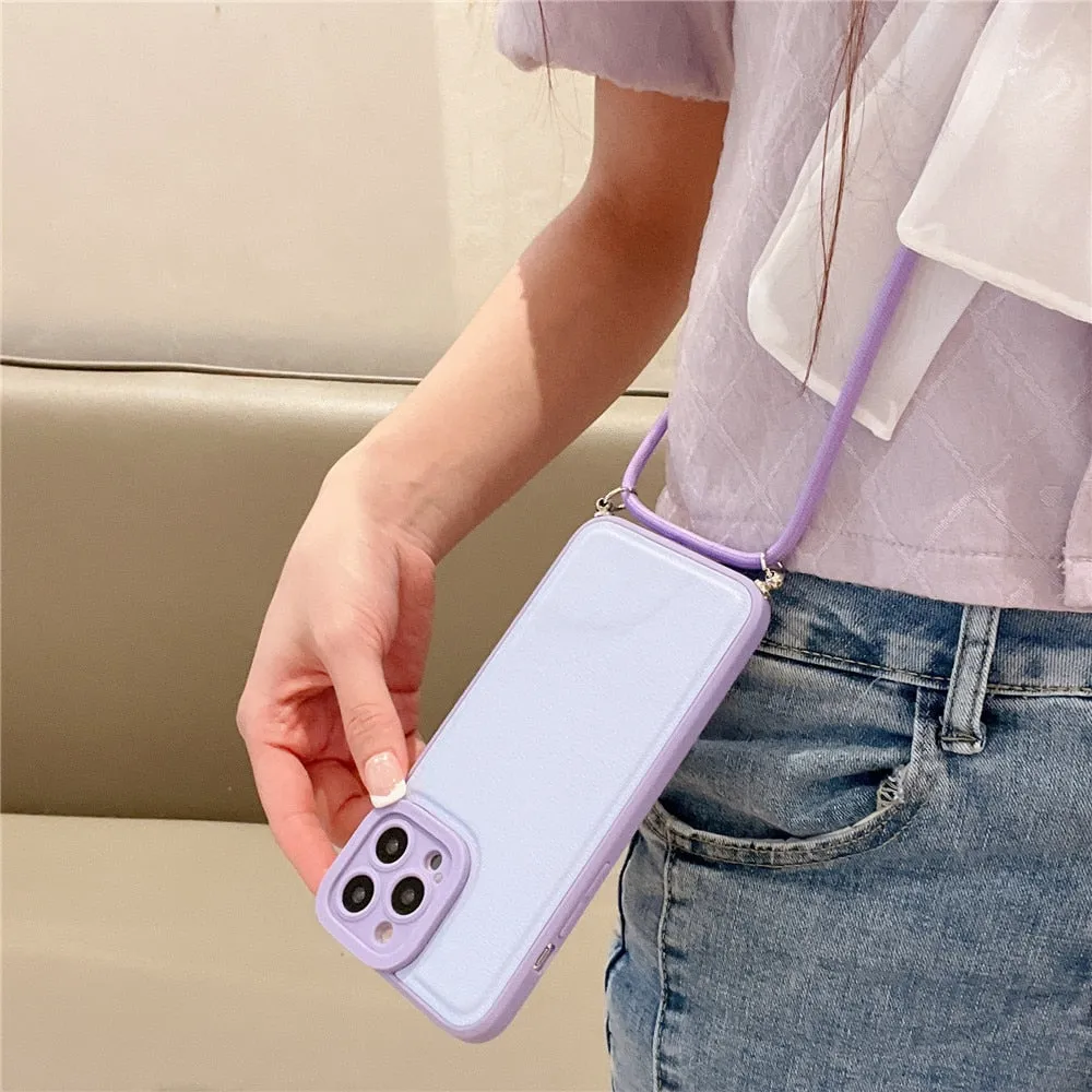 Anymob iPhone Case Pink Soft Silicone Lanyard Solid Color Crossbody shockproof Cover