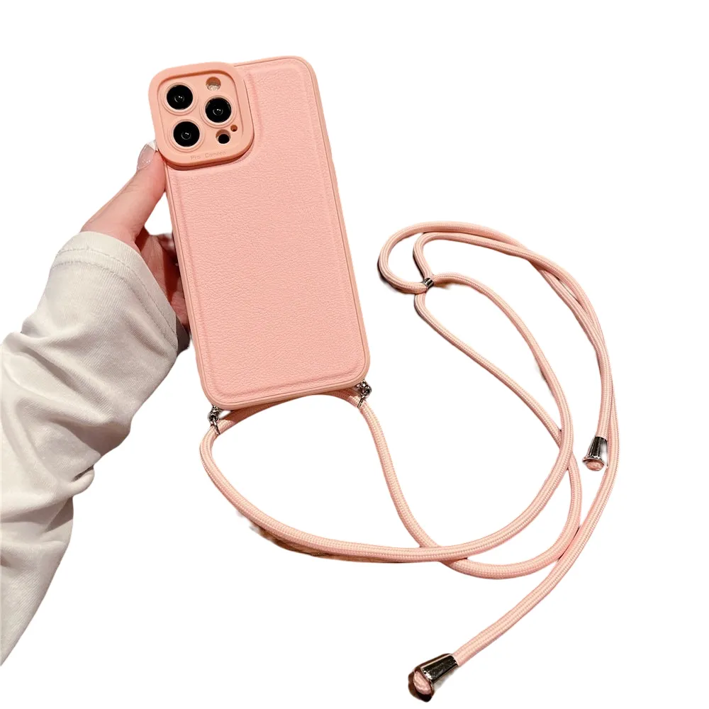Anymob iPhone Case Pink Soft Silicone Lanyard Solid Color Crossbody shockproof Cover