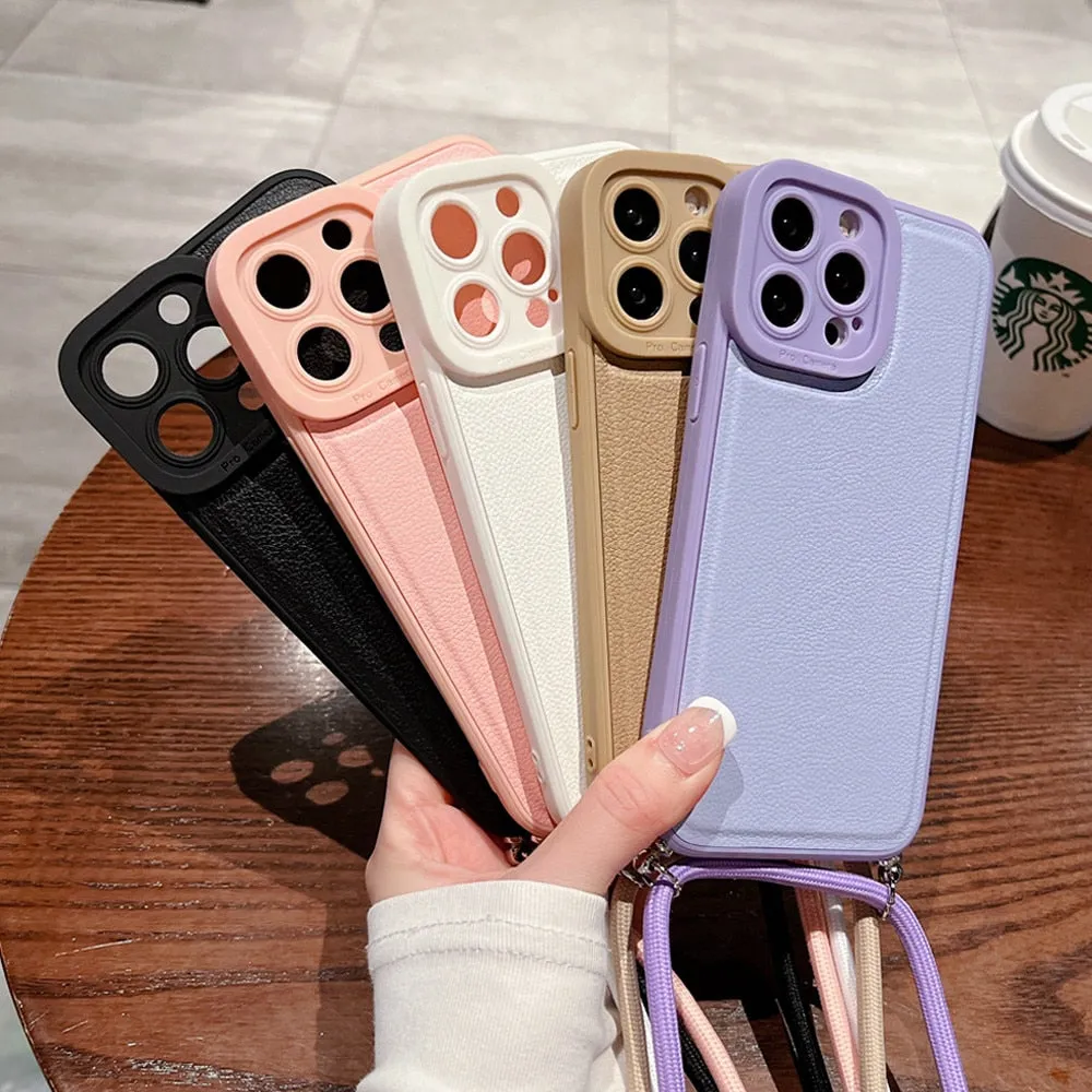 Anymob iPhone Case Pink Soft Silicone Lanyard Solid Color Crossbody shockproof Cover