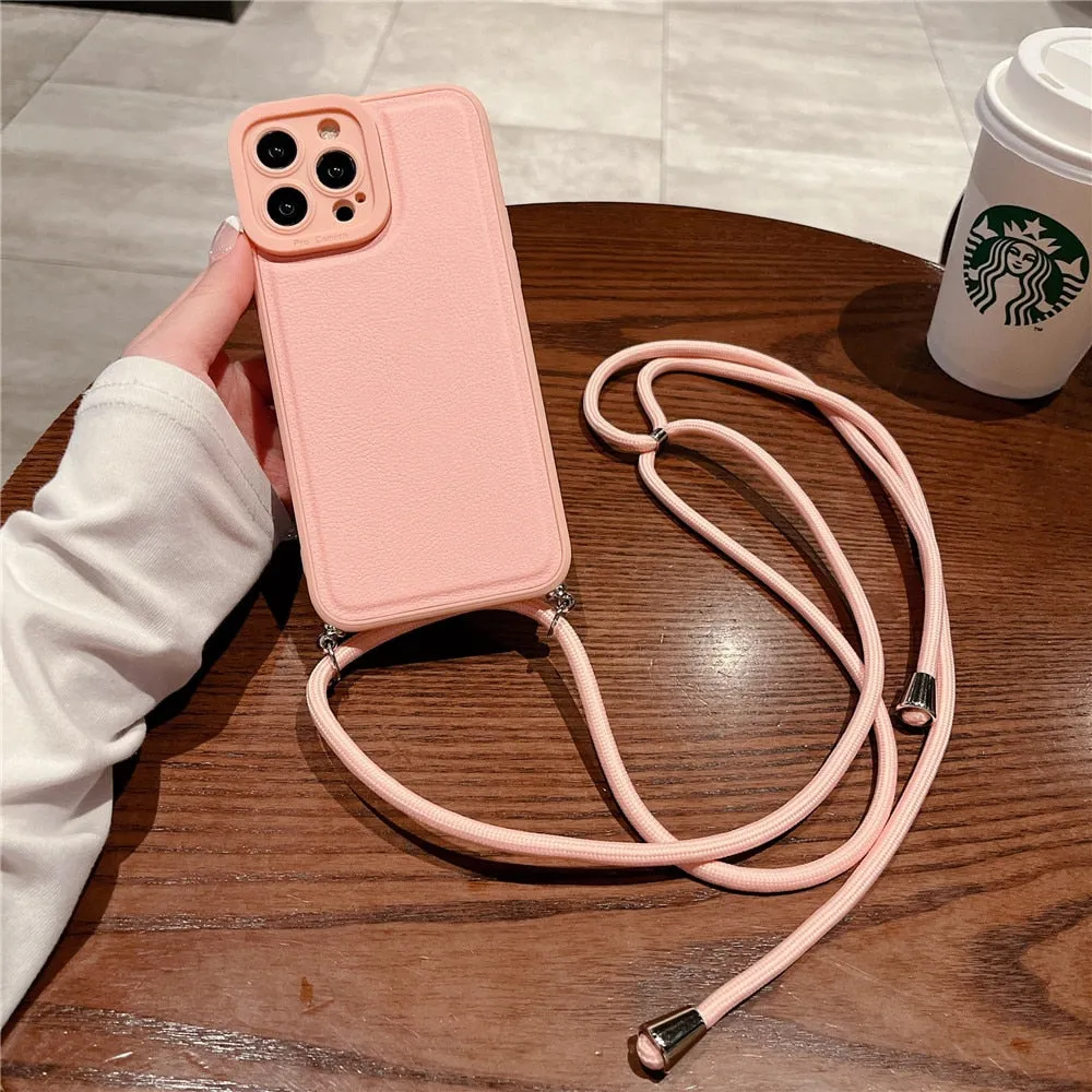 Anymob iPhone Case Pink Soft Silicone Lanyard Solid Color Crossbody shockproof Cover