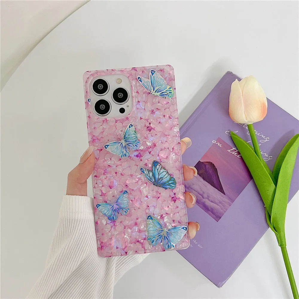Anymob iPhone Case Pink Square Butterfly Shell Texture Bumper Soft Silicone Back Cover