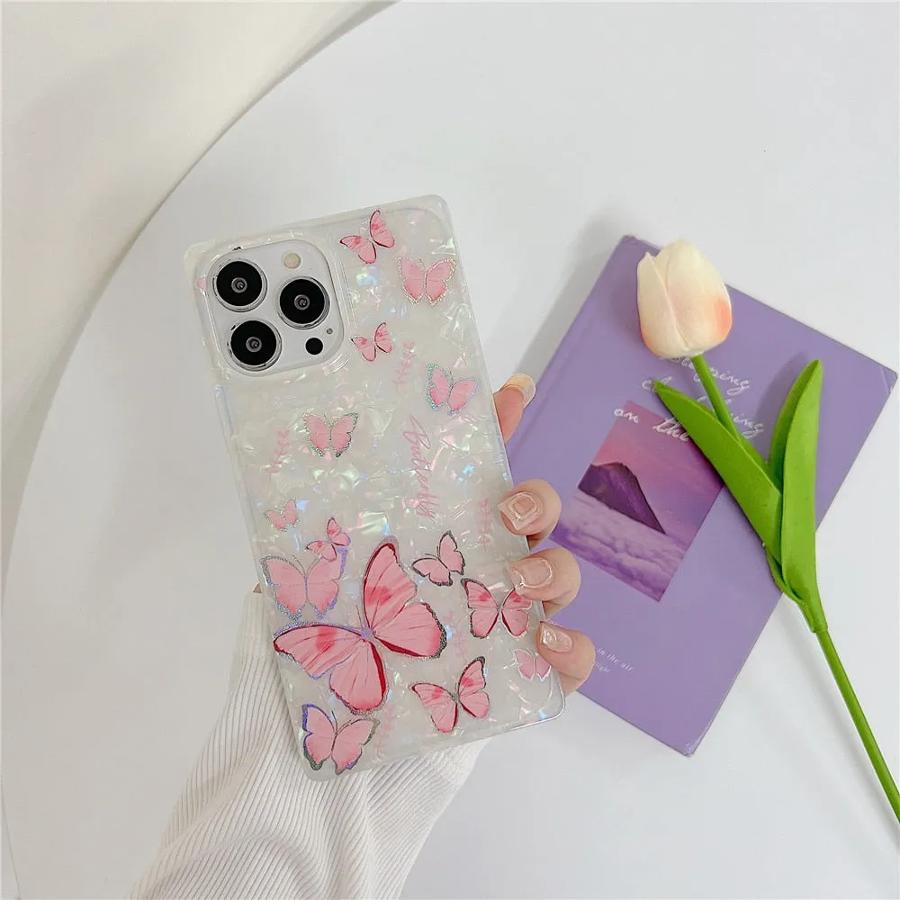 Anymob iPhone Case Pink Square Butterfly Shell Texture Bumper Soft Silicone Back Cover