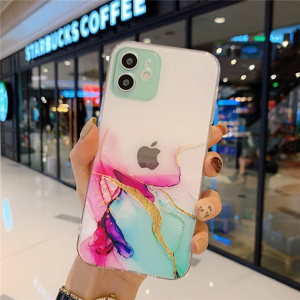Anymob iPhone Case Pink Watercolor Marble Soft Silicone TPU Cover