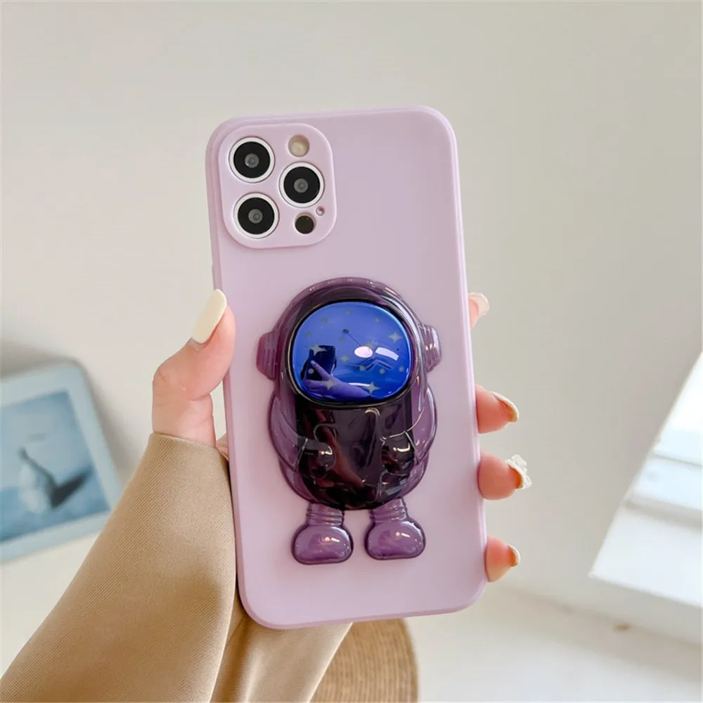 Anymob iPhone Case Purple Cartoon Astronaut Transparent Soft Silicone Kickstand Cover