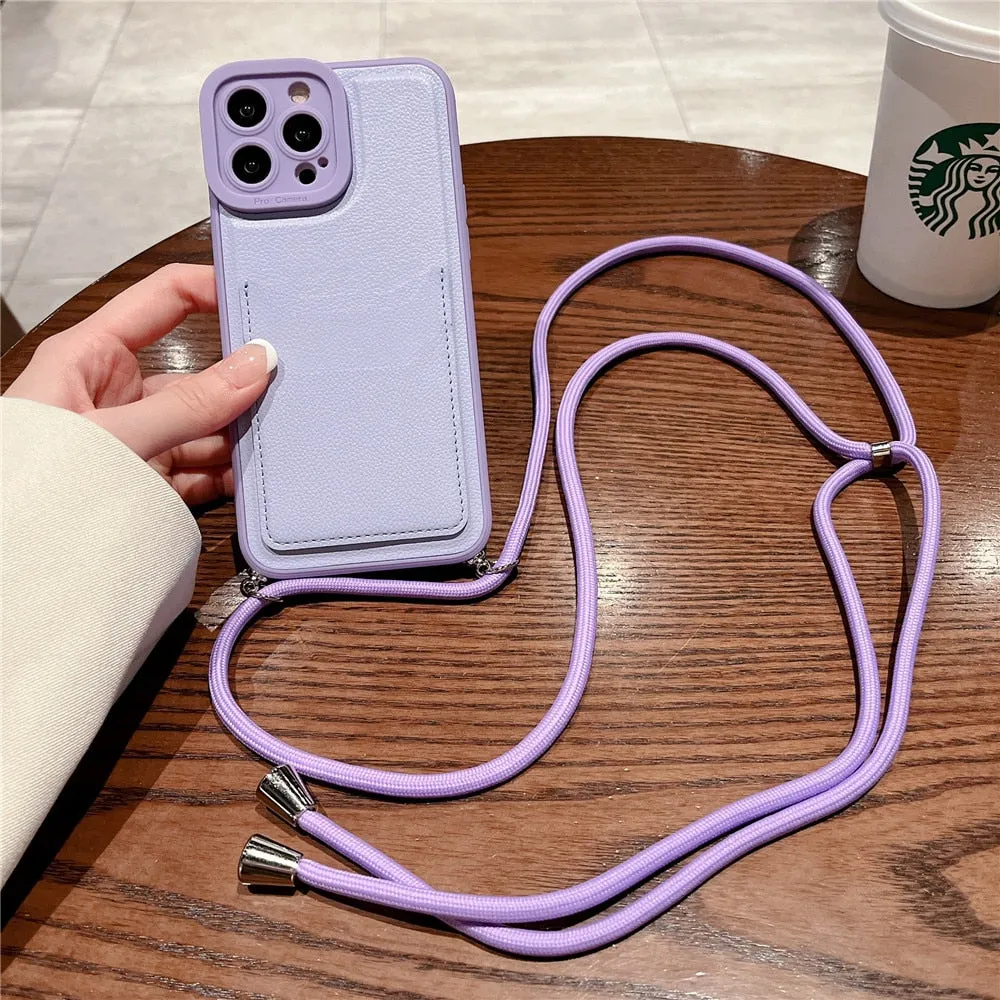 Anymob iPhone Case Purple Crossbody Necklace Strap Lanyard with Card Holder Silicone Cover