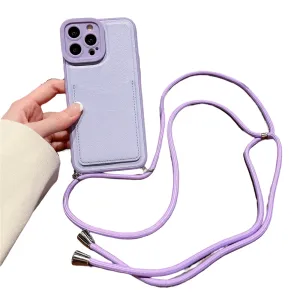 Anymob iPhone Case Purple Crossbody Necklace Strap Lanyard with Card Holder Silicone Cover