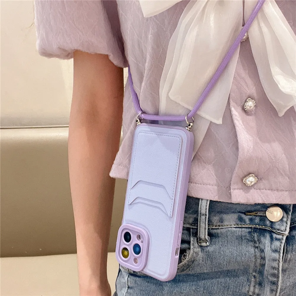 Anymob iPhone Case Purple Crossbody Necklace Strap Lanyard with Card Holder Silicone Cover