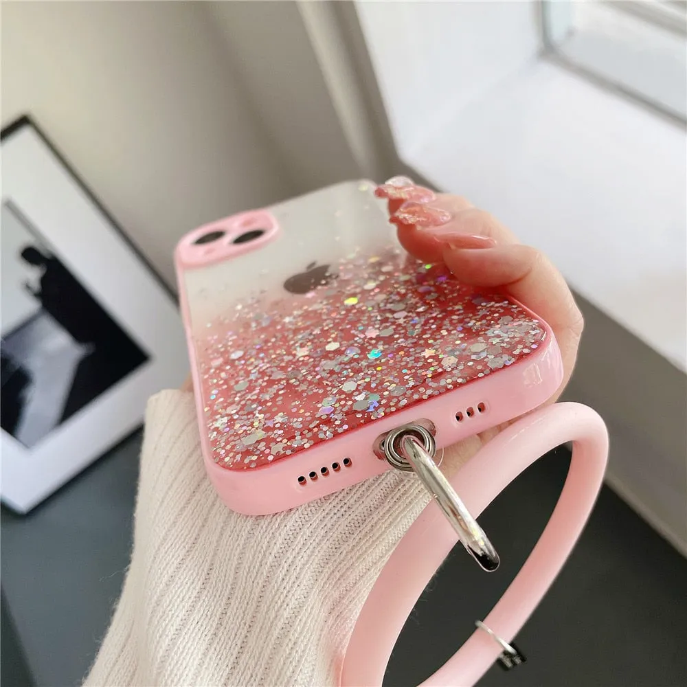 Anymob iPhone Case Purple Gradient Glitter With Ring Lens Protection Soft Bumper