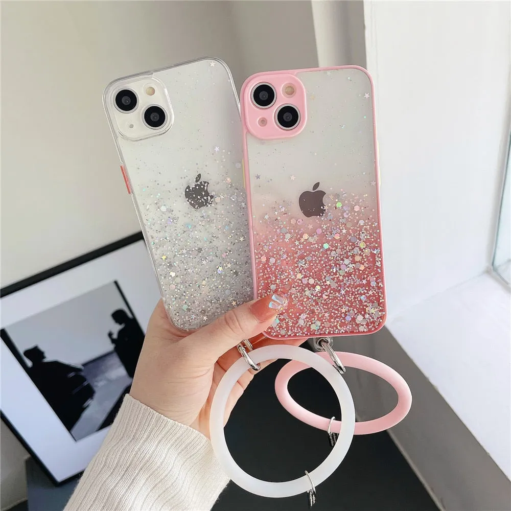 Anymob iPhone Case Purple Gradient Glitter With Ring Lens Protection Soft Bumper