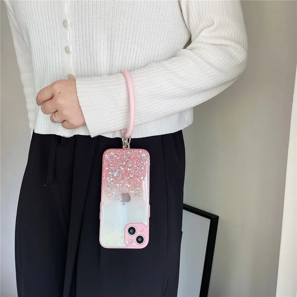 Anymob iPhone Case Purple Gradient Glitter With Ring Lens Protection Soft Bumper