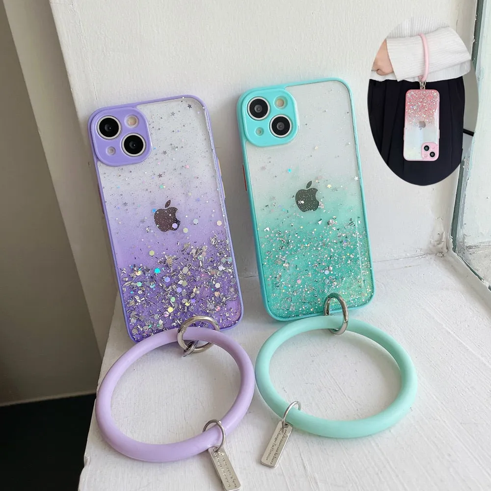 Anymob iPhone Case Purple Gradient Glitter With Ring Lens Protection Soft Bumper