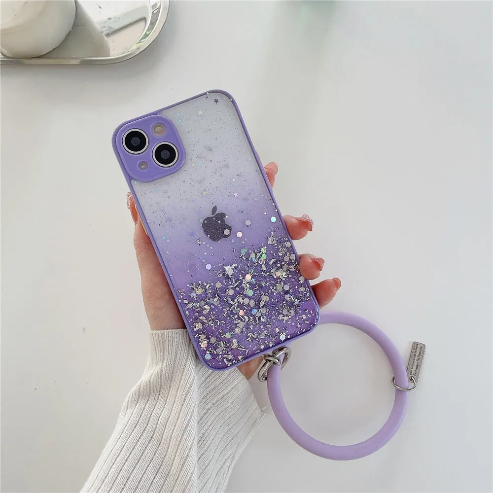 Anymob iPhone Case Purple Gradient Glitter With Ring Lens Protection Soft Bumper
