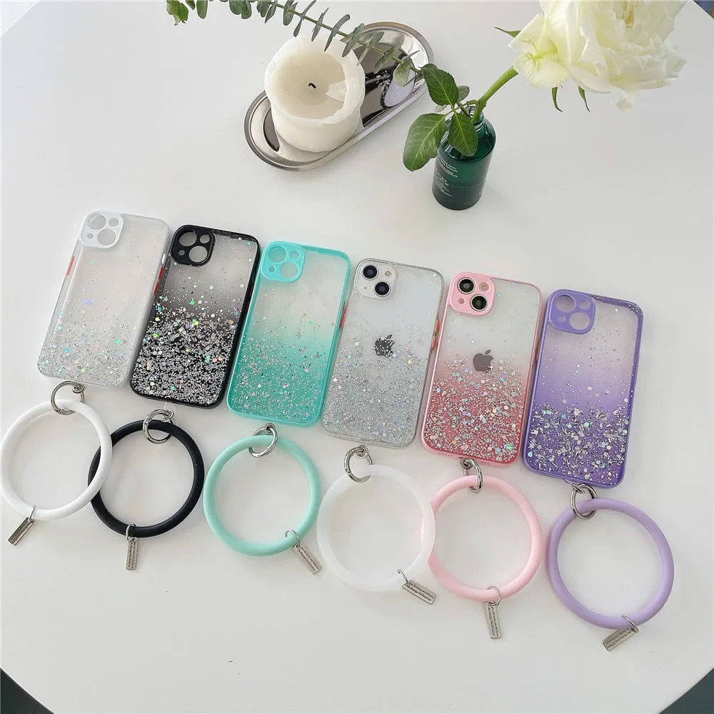 Anymob iPhone Case Purple Gradient Glitter With Ring Lens Protection Soft Bumper