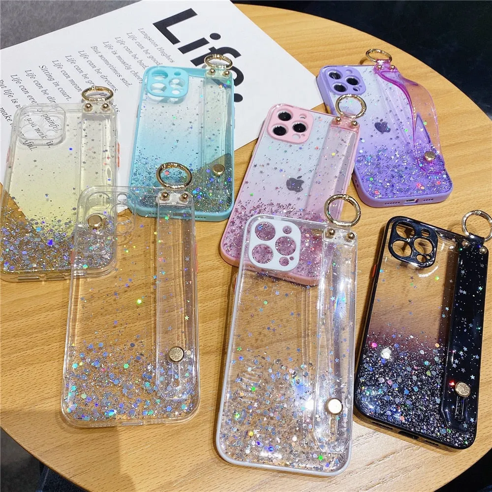 Anymob iPhone Case Purple Gradient Glitter Wristband Soft Epoxy Camera Protection Cover