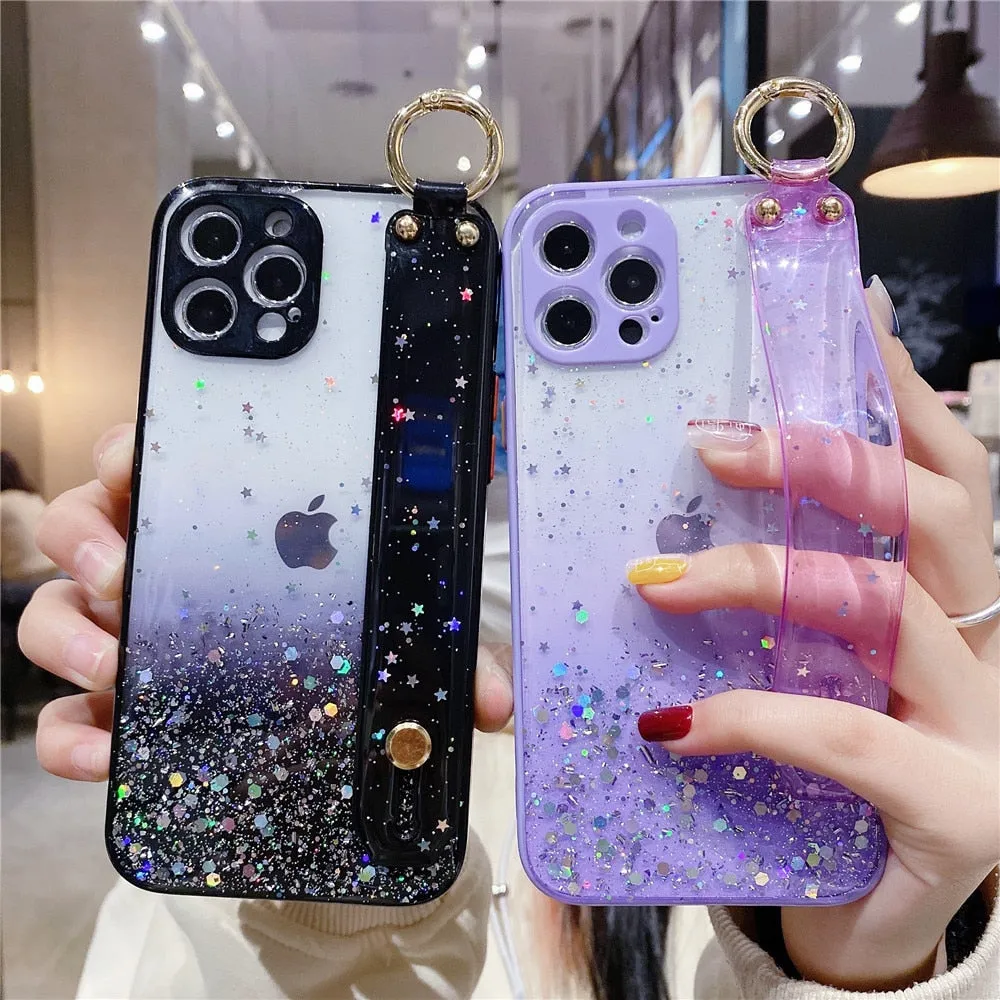 Anymob iPhone Case Purple Gradient Glitter Wristband Soft Epoxy Camera Protection Cover