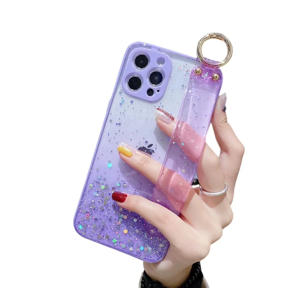 Anymob iPhone Case Purple Gradient Glitter Wristband Soft Epoxy Camera Protection Cover