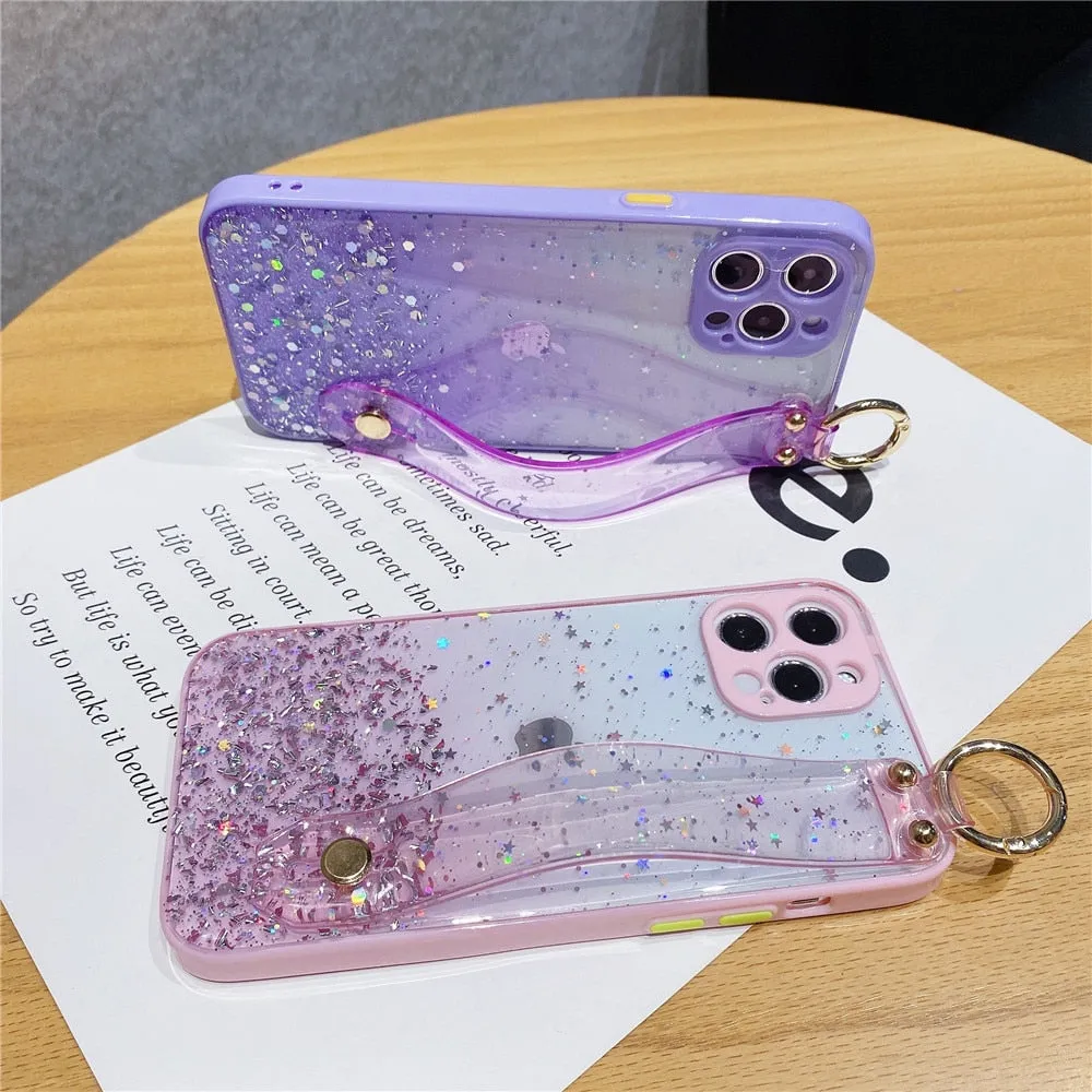 Anymob iPhone Case Purple Gradient Glitter Wristband Soft Epoxy Camera Protection Cover