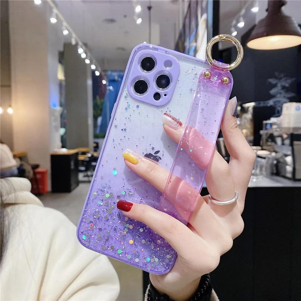 Anymob iPhone Case Purple Gradient Glitter Wristband Soft Epoxy Camera Protection Cover