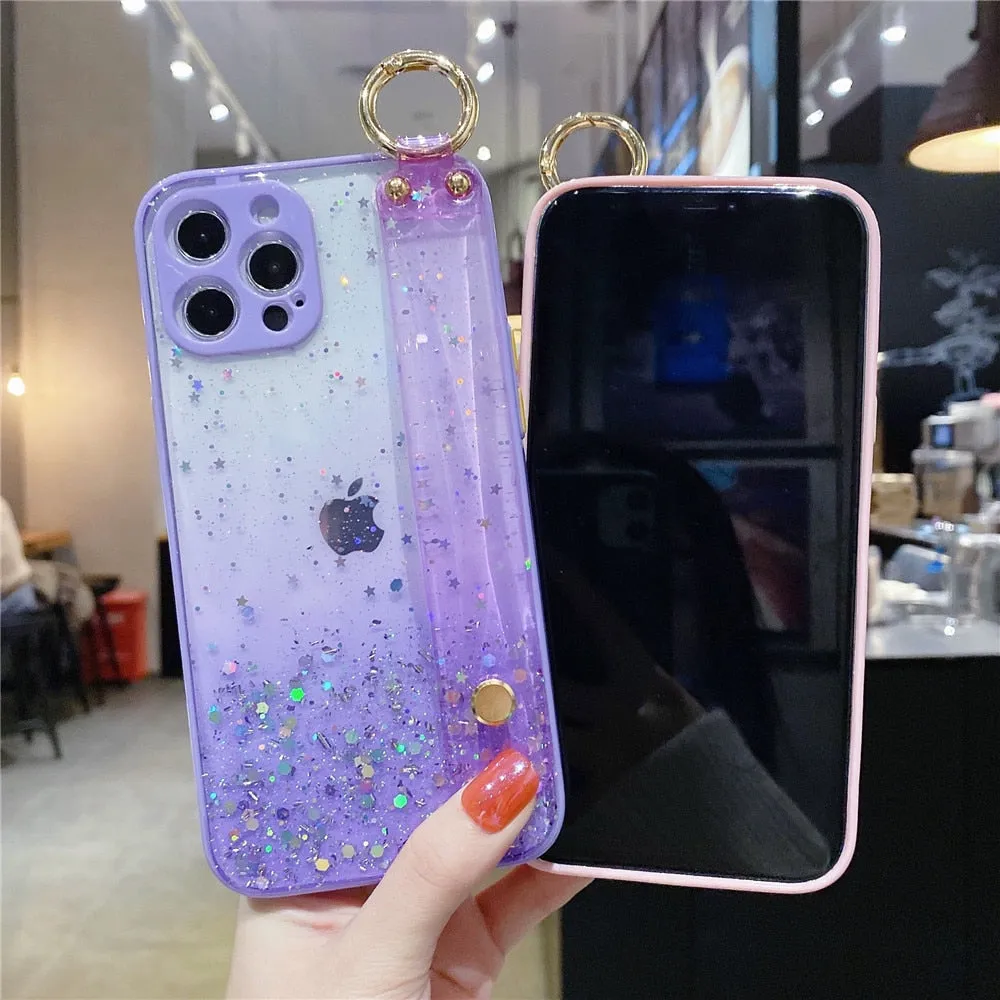 Anymob iPhone Case Purple Gradient Glitter Wristband Soft Epoxy Camera Protection Cover