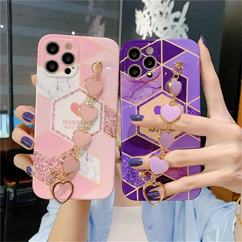 Anymob iPhone Case Purple Soft Silicone Geometric Marble Back Cover With Love Heart Bracelet