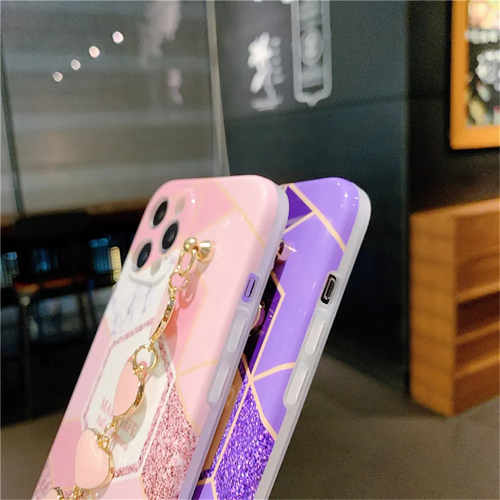 Anymob iPhone Case Purple Soft Silicone Geometric Marble Back Cover With Love Heart Bracelet